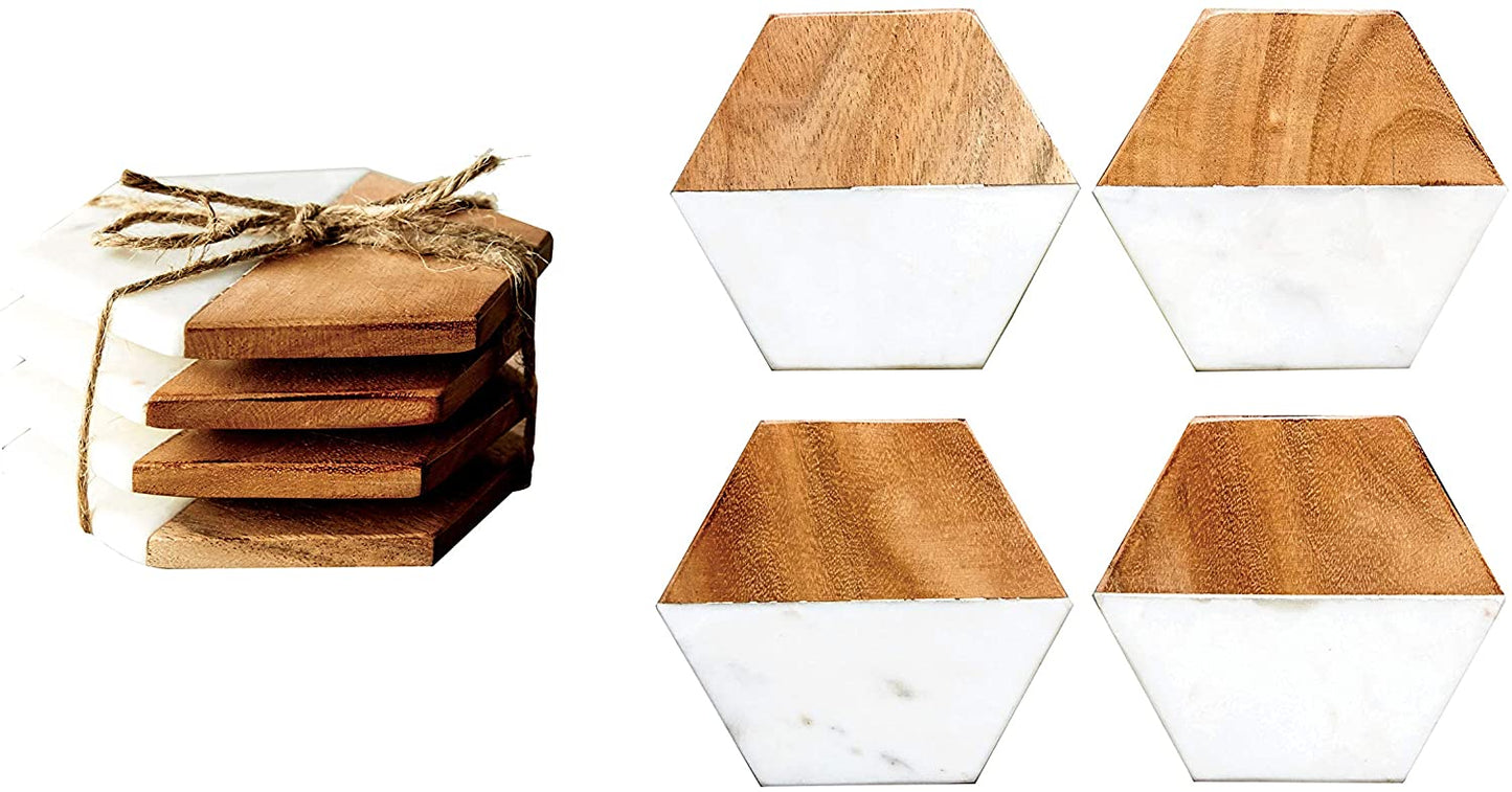 Engraved 4" Hexagonal Marble and Acacia Wood Coaster Set (4pcs)