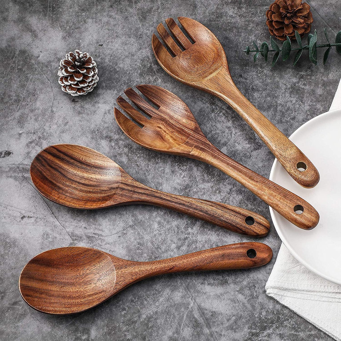 Engraved Acacia Wood Salad Servers (2pc, spoon and fork)