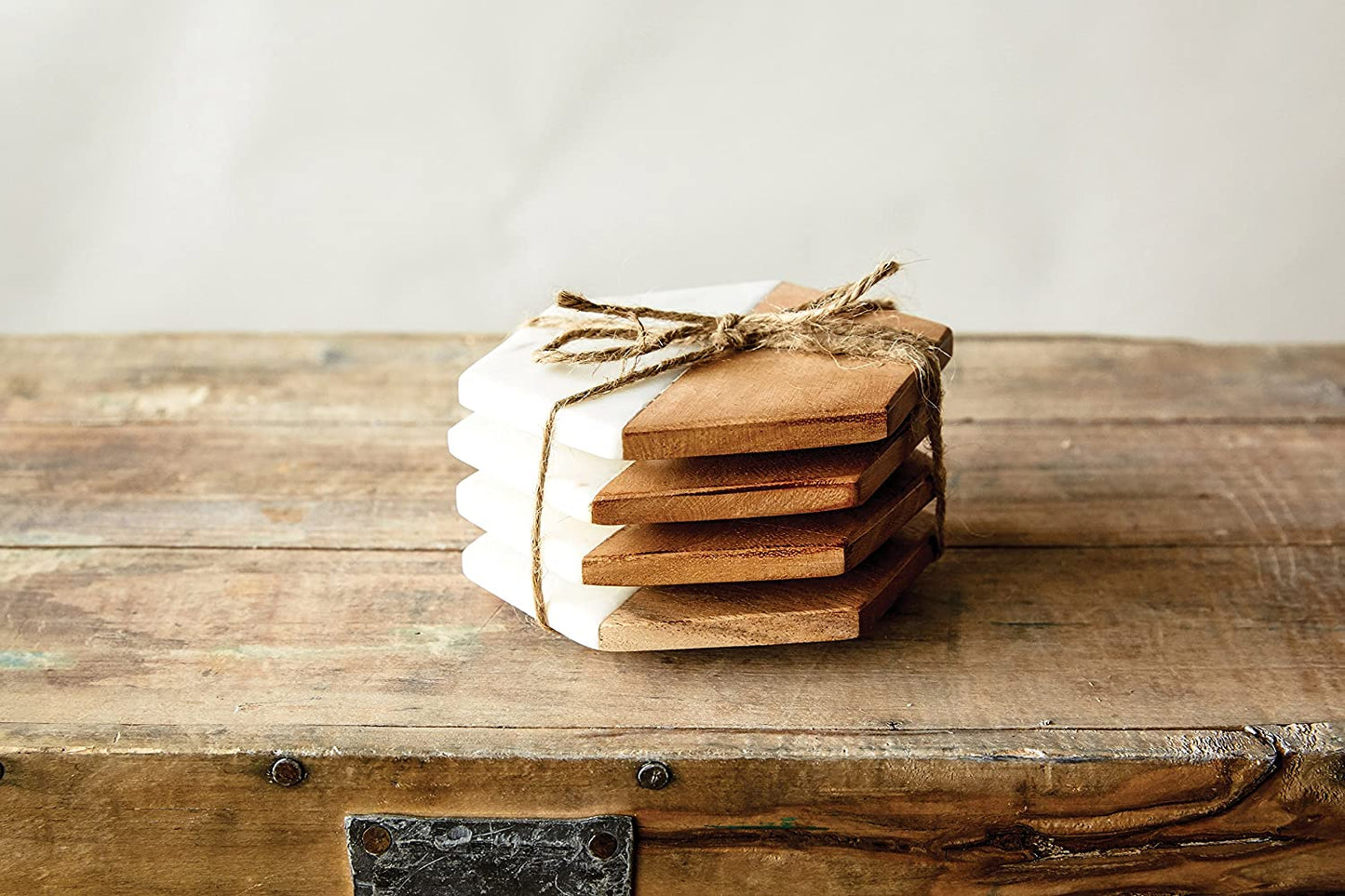 Engraved 4" Hexagonal Marble and Acacia Wood Coaster Set (4pcs)