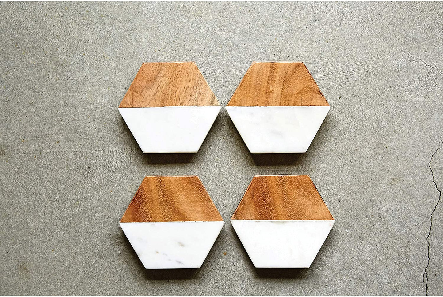 Engraved 4" Hexagonal Marble and Acacia Wood Coaster Set (4pcs)