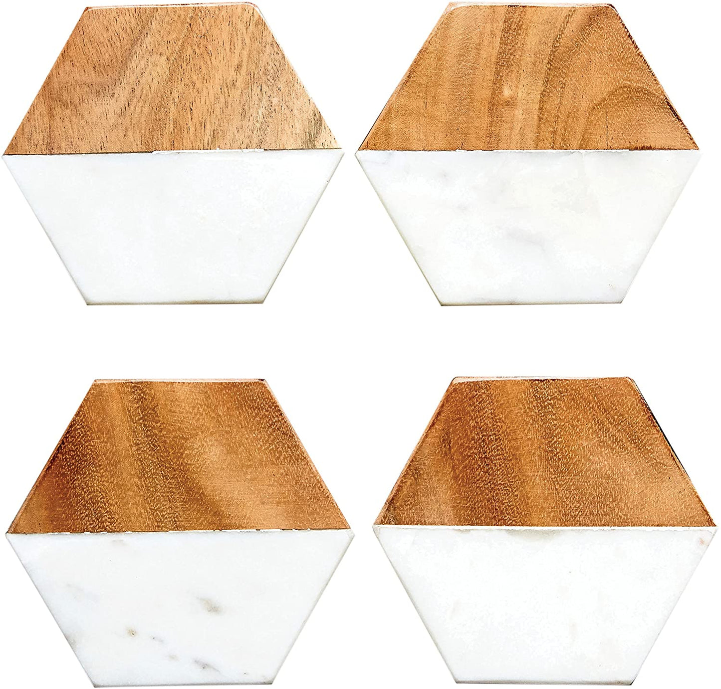 Engraved 4" Hexagonal Marble and Acacia Wood Coaster Set (4pcs)